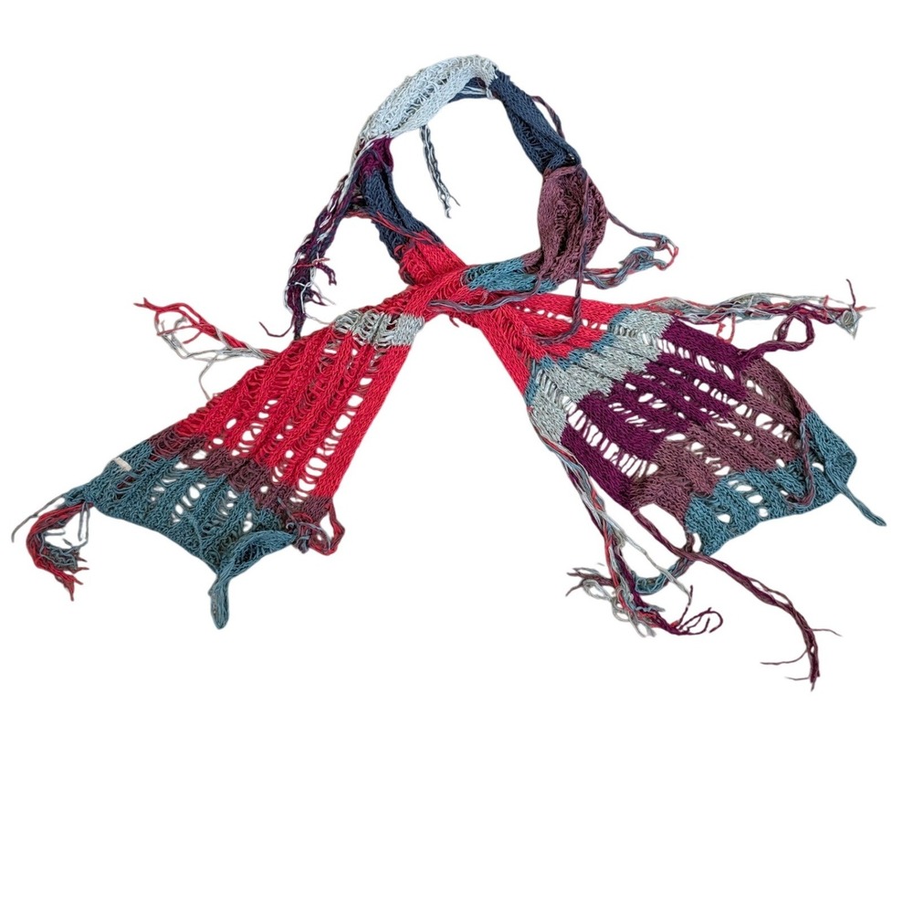 Free People Multicolor Open Knit Fringe Scarf Boho Striped Colorful